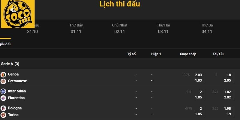Giao diện lịch thi đấu bóng đá Socolive hiển thị rõ ràng trên website